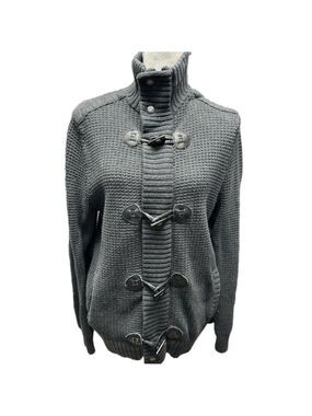 Express  Dark Academia Zip Toggle Knit Cardigan Elbow Patch Sweater Grey …